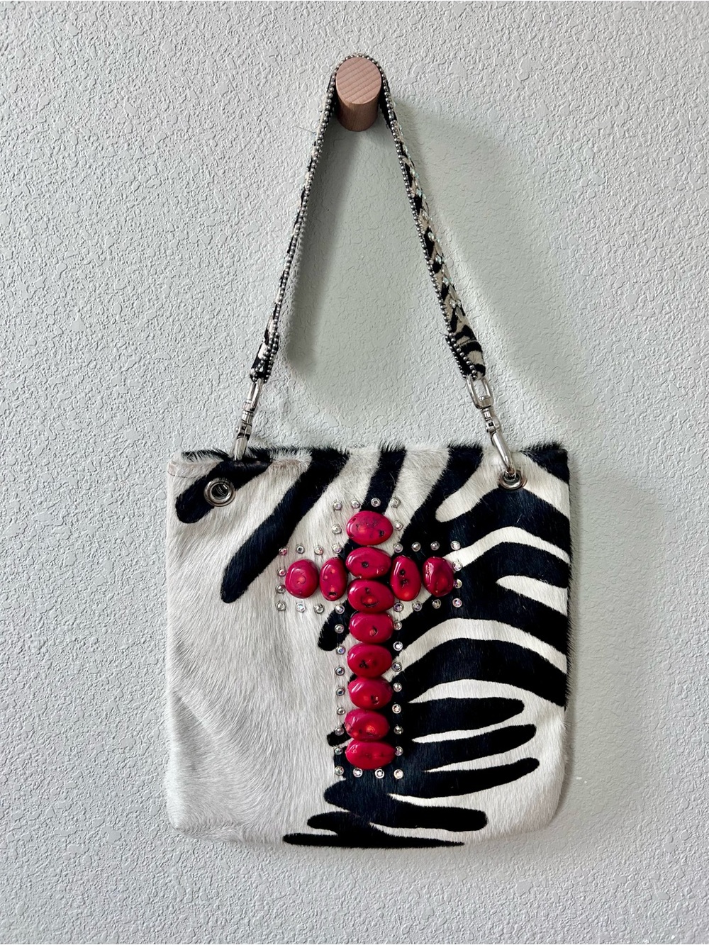 KurtMen Design Zebra Print Calf Hair Shoulder Bag Red Stone Cross Rhinestones